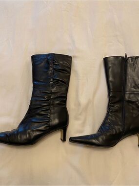Classic Black Mid-Calf Pointed-Toe Heeled Boots